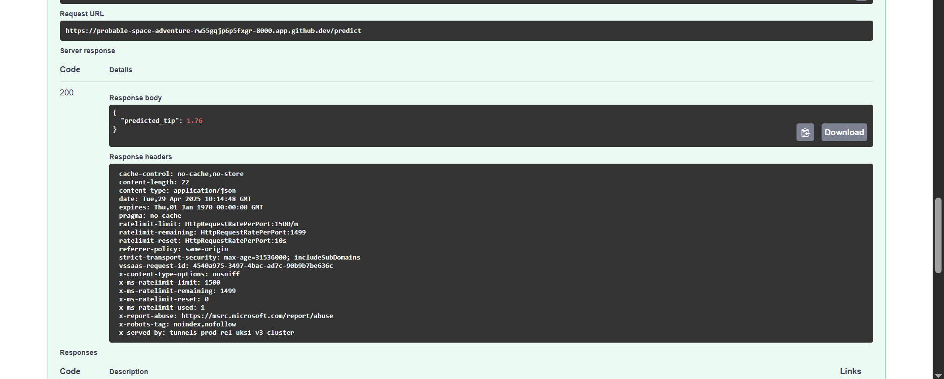 Image showing the button to execute the API endpoint